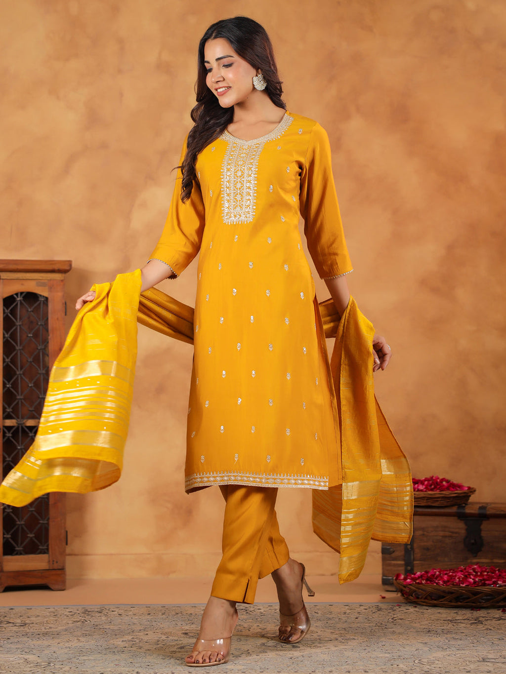 Janasya Bright Chanderi Embroidered Straight Kurta Set | Grocsy