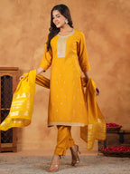 Janasya Bright Chanderi Embroidered Straight Kurta Set | Grocsy