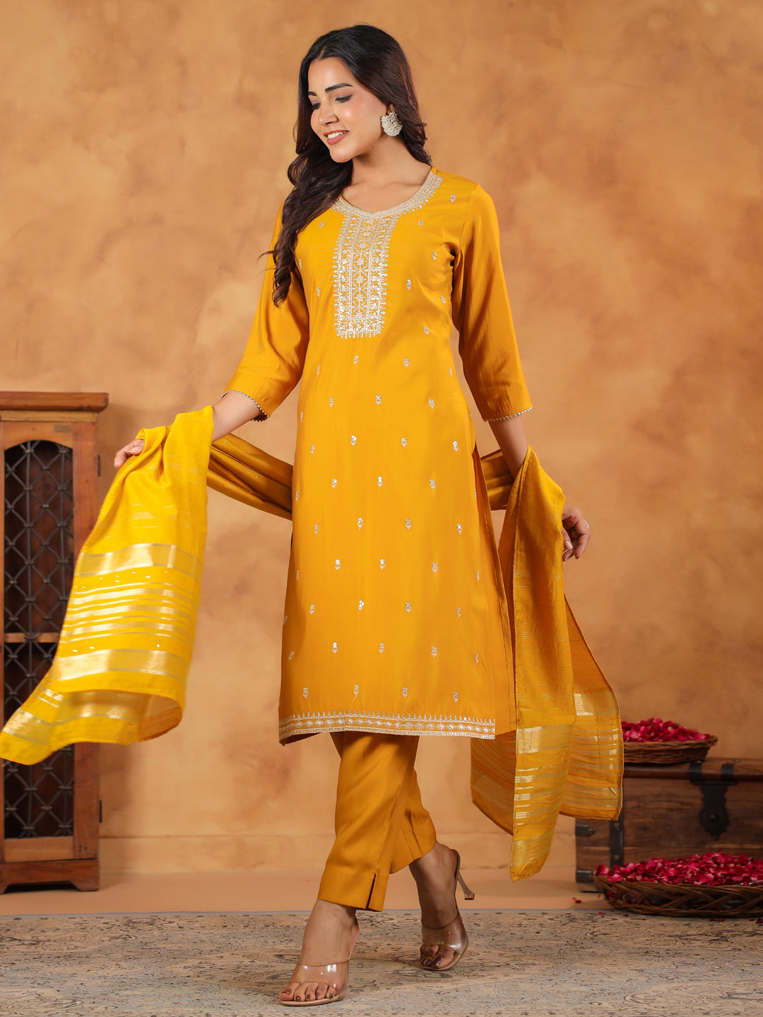 Janasya Bright Chanderi Embroidered Straight Kurta Set | Grocsy
