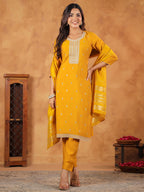Janasya Bright Chanderi Embroidered Straight Kurta Set | Grocsy