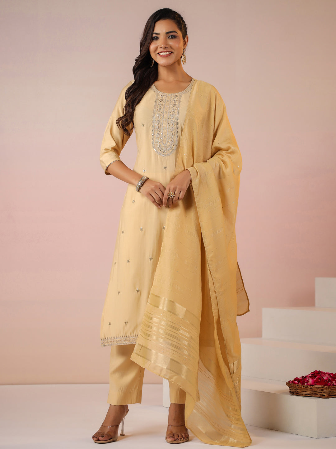 Janasya Light Chanderi Embroidered Straight Kurta Set | Grocsy