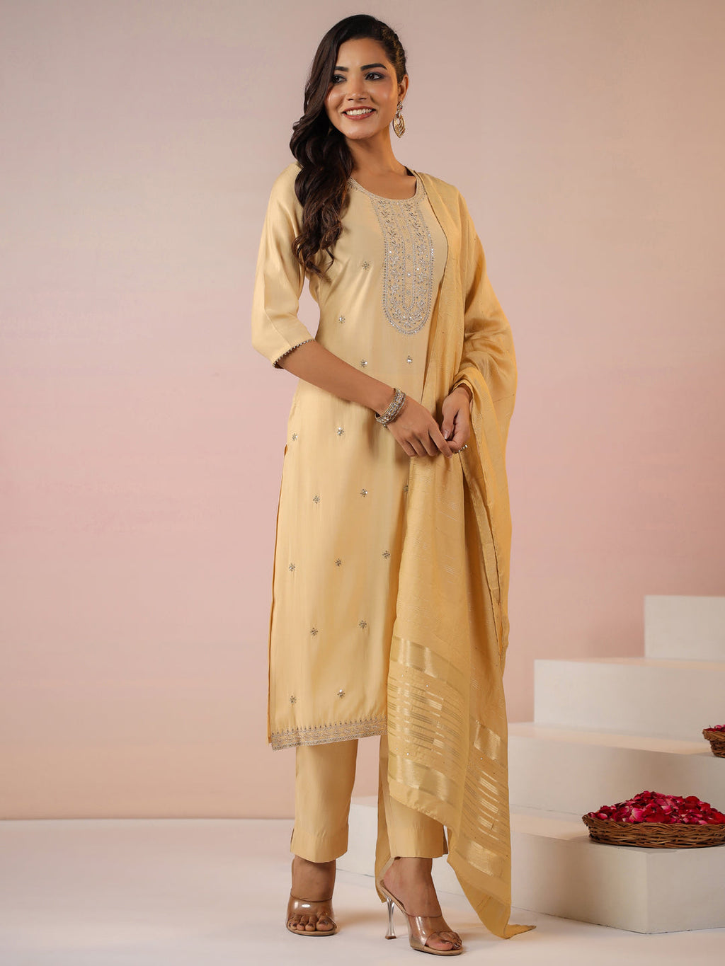 Janasya Light Chanderi Embroidered Straight Kurta Set | Grocsy