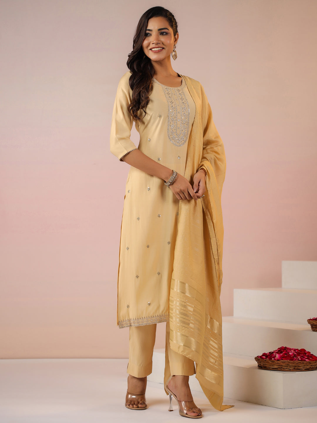 Janasya Light Chanderi Embroidered Straight Kurta Set | Grocsy