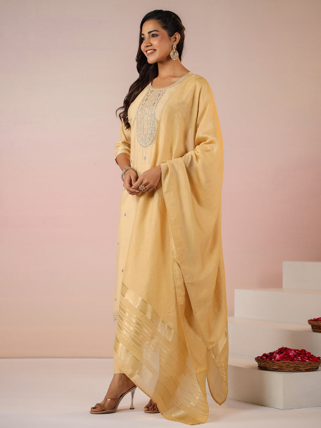 Janasya Light Chanderi Embroidered Straight Kurta Set | Grocsy