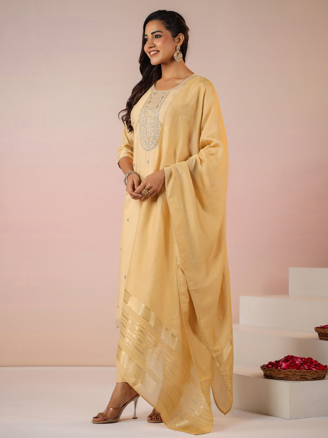 Janasya Light Chanderi Embroidered Straight Kurta Set | Grocsy