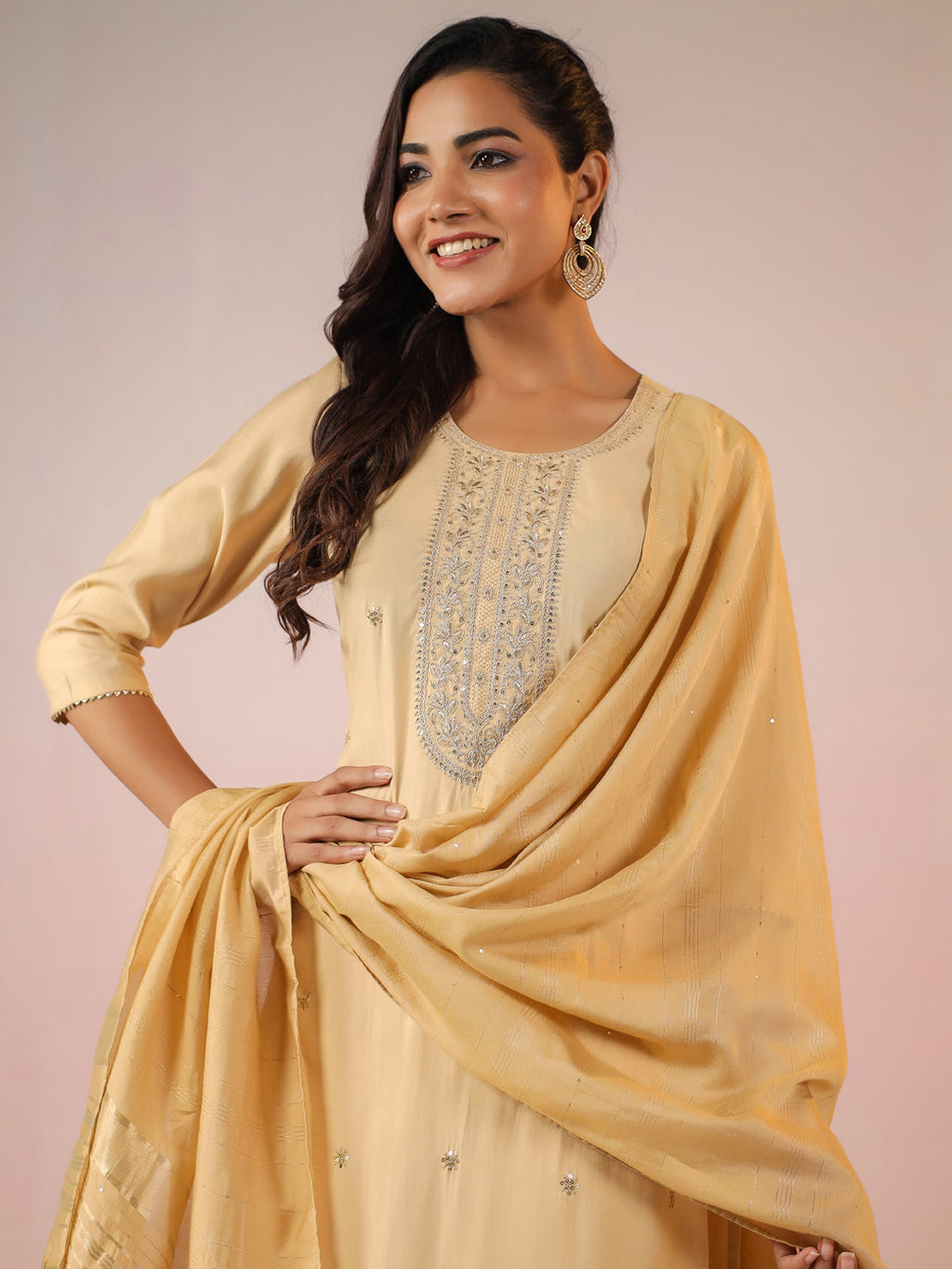 Janasya Light Chanderi Embroidered Straight Kurta Set | Grocsy