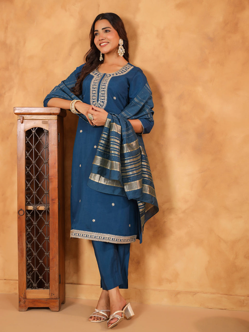 Janasya Dark Chanderi Embroidered Straight Kurta Set | Grocsy