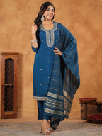 Janasya Dark Chanderi Embroidered Straight Kurta Set | Grocsy