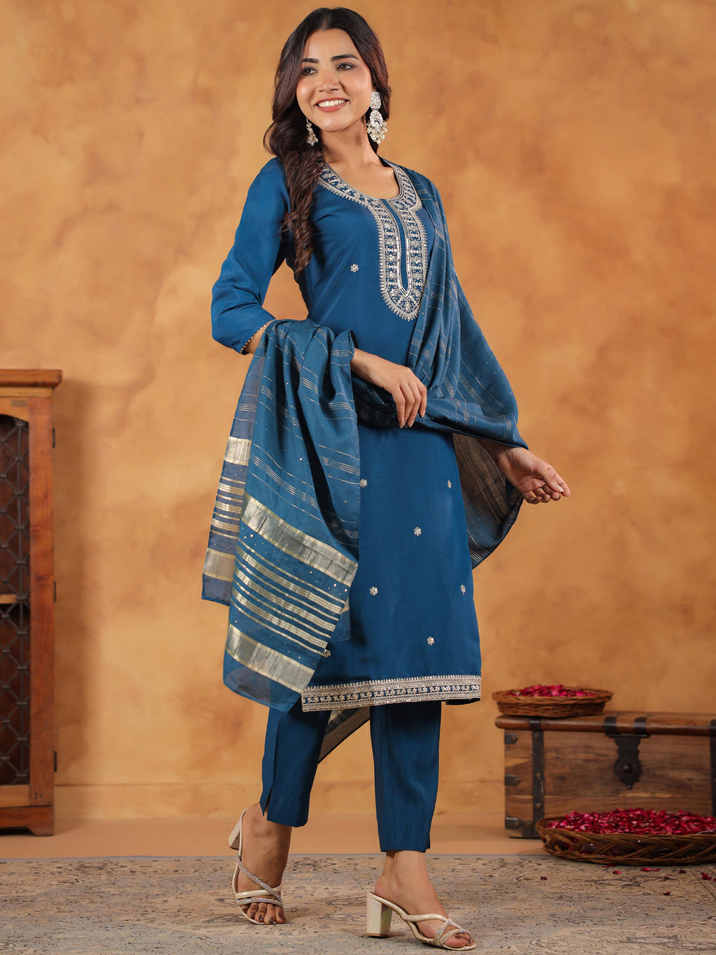 Janasya Dark Chanderi Embroidered Straight Kurta Set | Grocsy