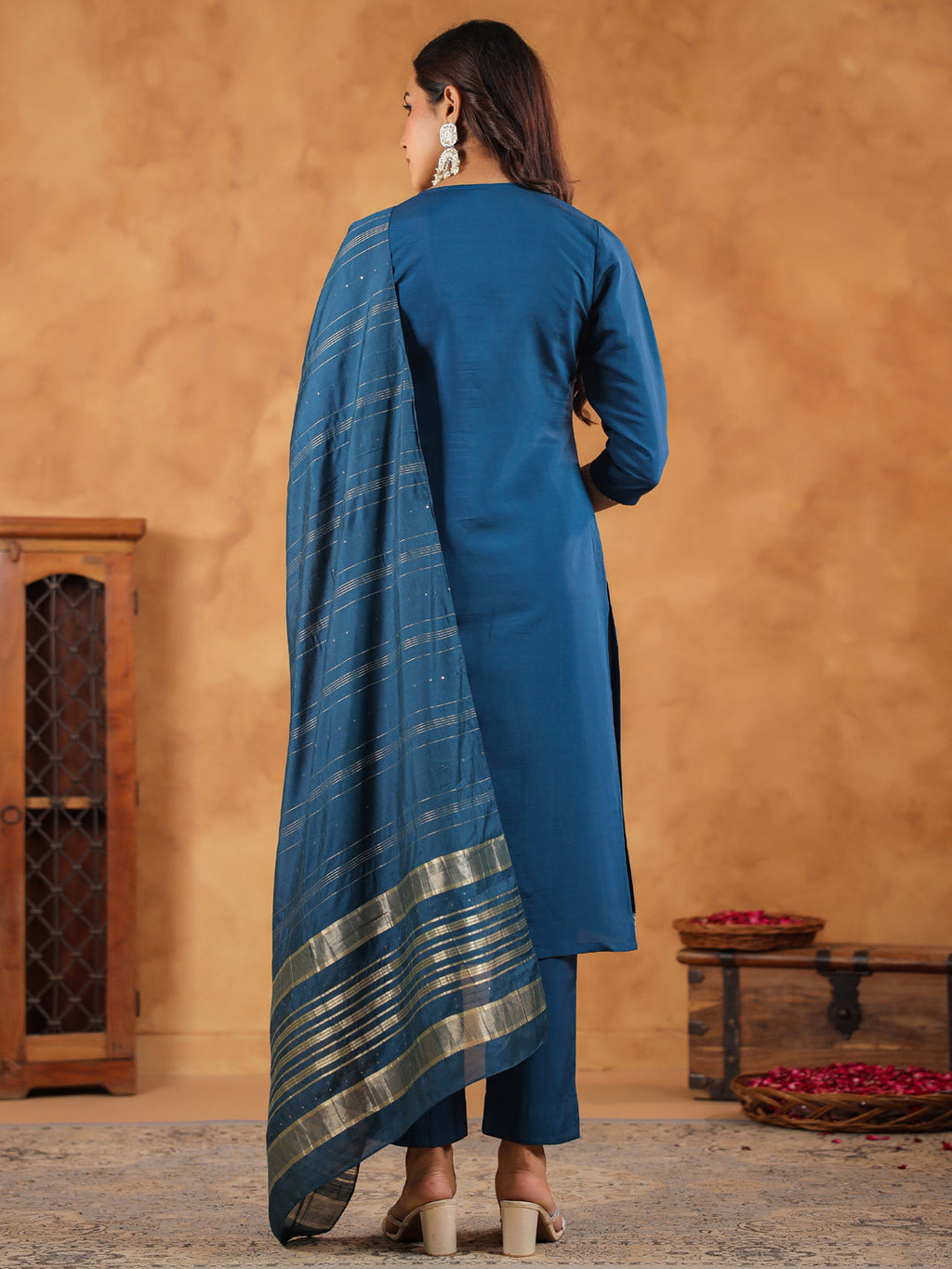 Janasya Dark Chanderi Embroidered Straight Kurta Set | Grocsy
