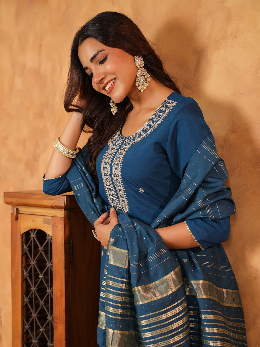 Janasya Dark Chanderi Embroidered Straight Kurta Set | Grocsy
