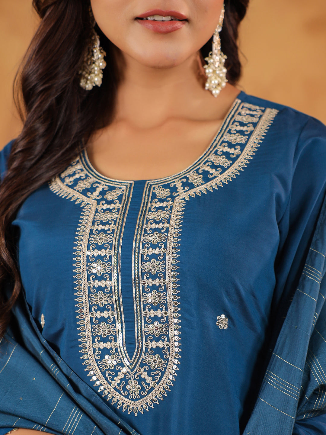Janasya Dark Chanderi Embroidered Straight Kurta Set | Grocsy
