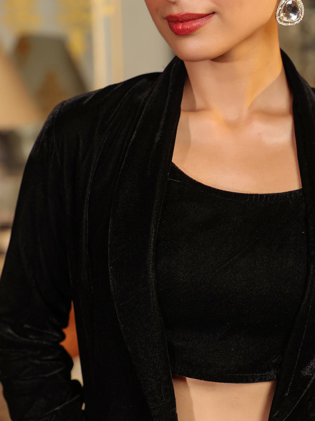 Janasya Black Velvet Solid Top,Bottom & Jacket | Grocsy