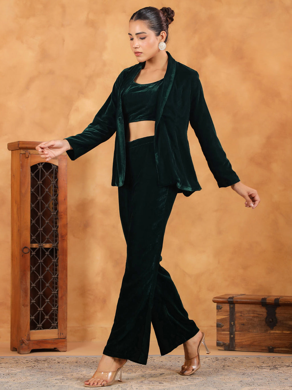 Janasya Green Velvet Solid Top,Bottom & Jacket | Grocsy