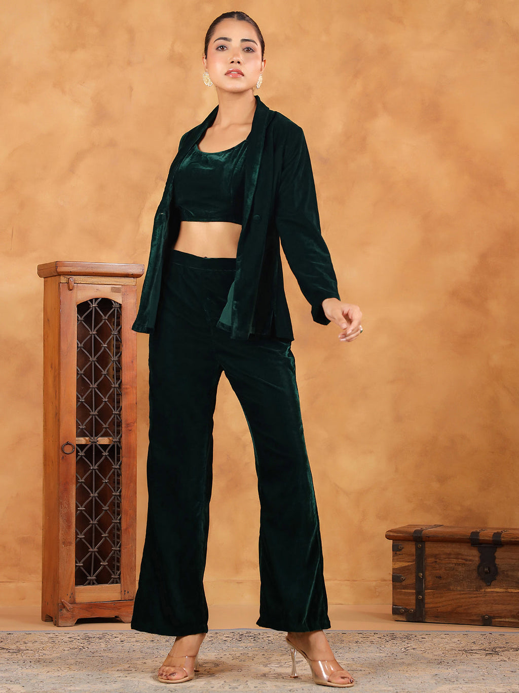 Janasya Green Velvet Solid Top,Bottom & Jacket | Grocsy