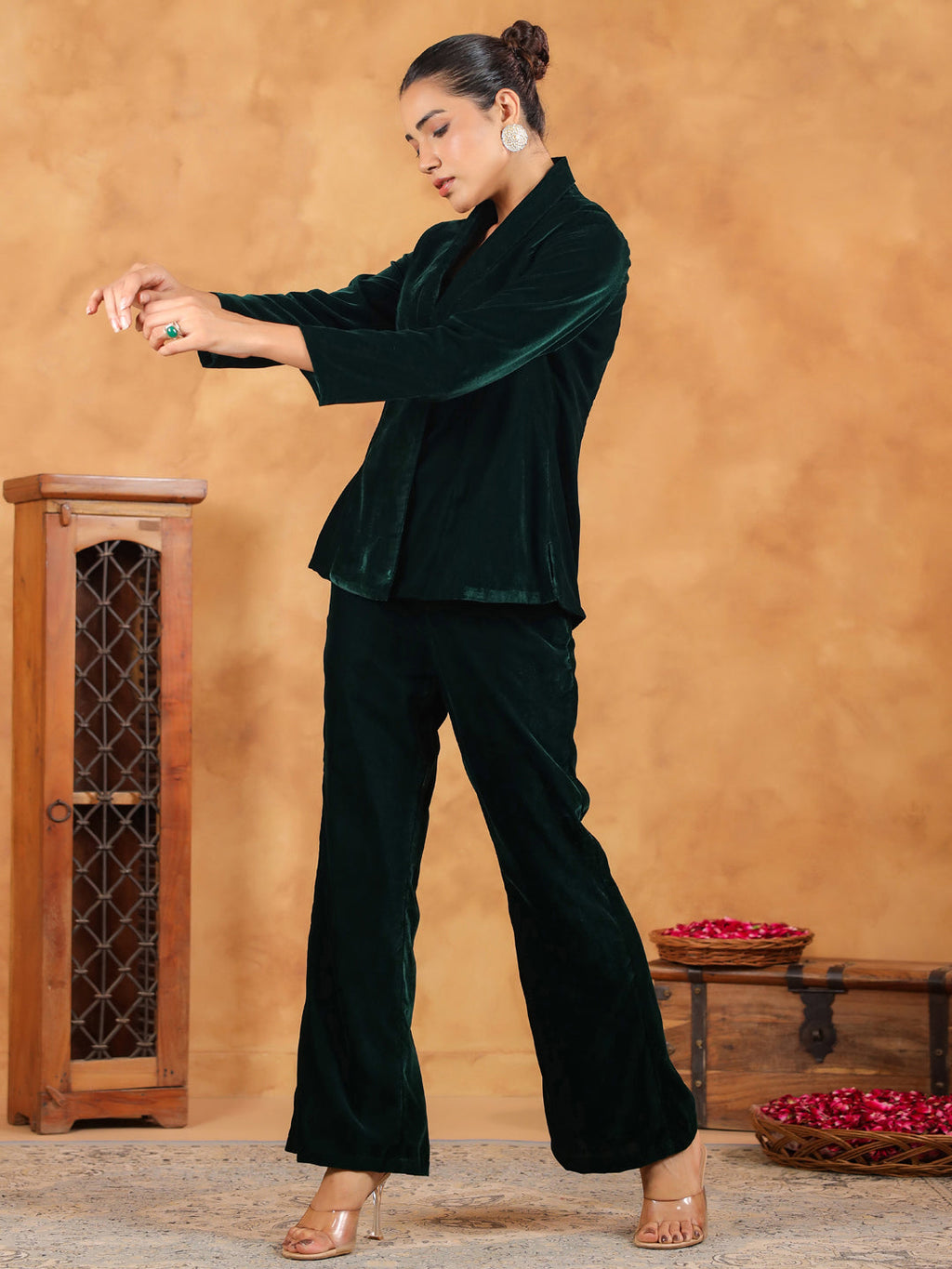 Janasya Green Velvet Solid Top,Bottom & Jacket | Grocsy