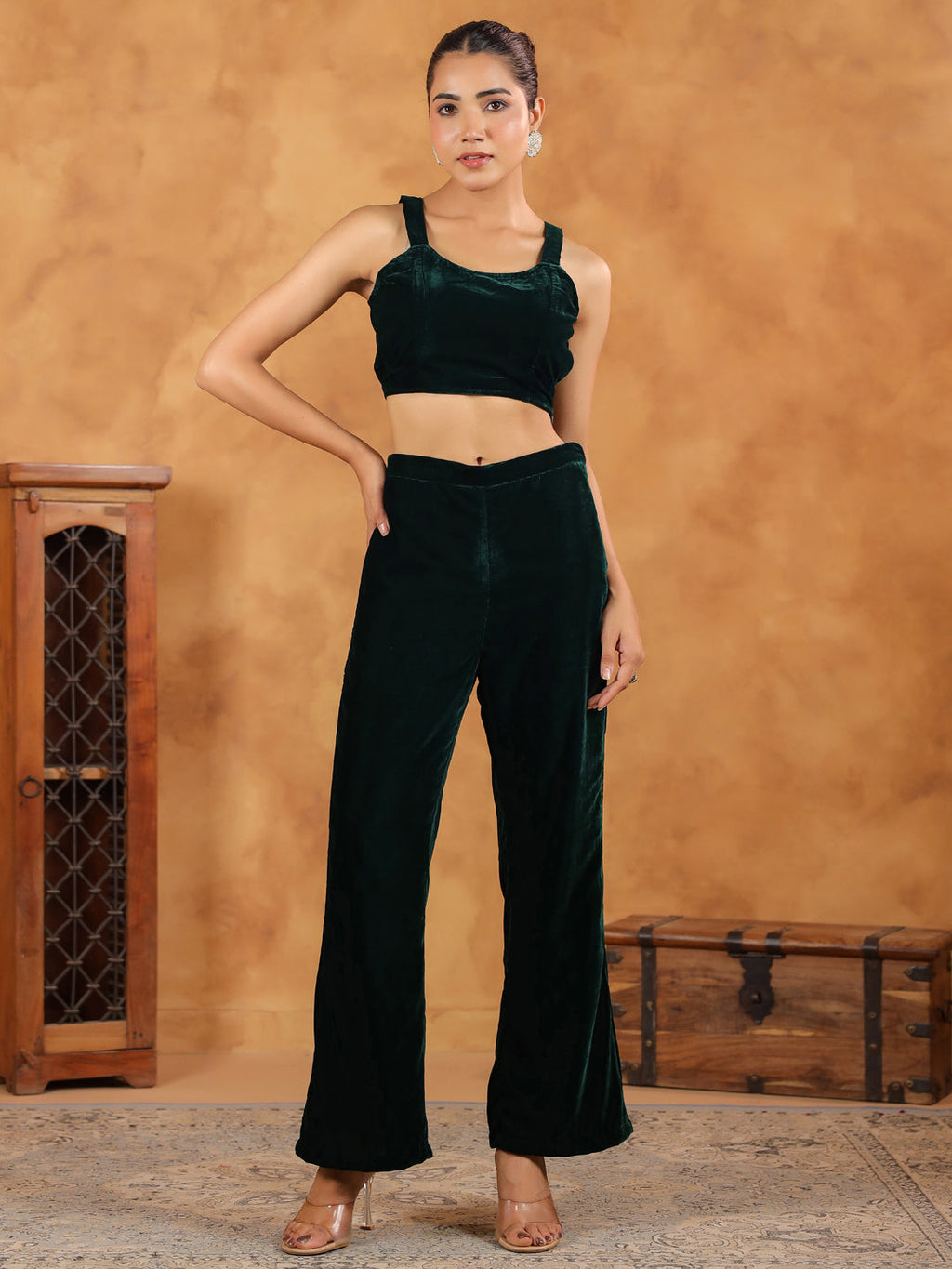 Janasya Green Velvet Solid Top,Bottom & Jacket | Grocsy