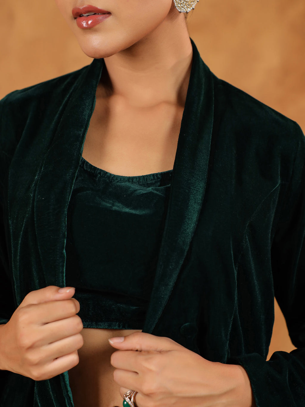 Janasya Green Velvet Solid Top,Bottom & Jacket | Grocsy