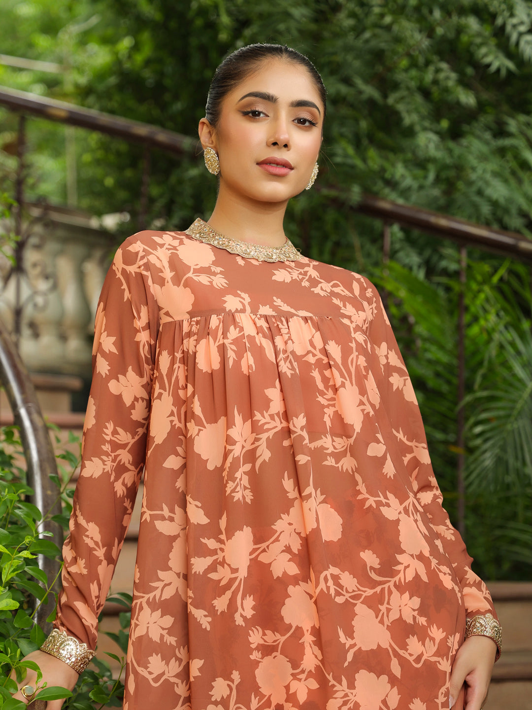 Janasya Brown Weightless Georgette Floral Kurta, pant & Jacket | Grocsy