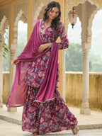Janasya Purple Weightless Georgette Printed Kurta,Bottom & Dupatta | Grocsy