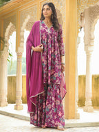 Janasya Purple Weightless Georgette Printed Kurta,Bottom & Dupatta | Grocsy