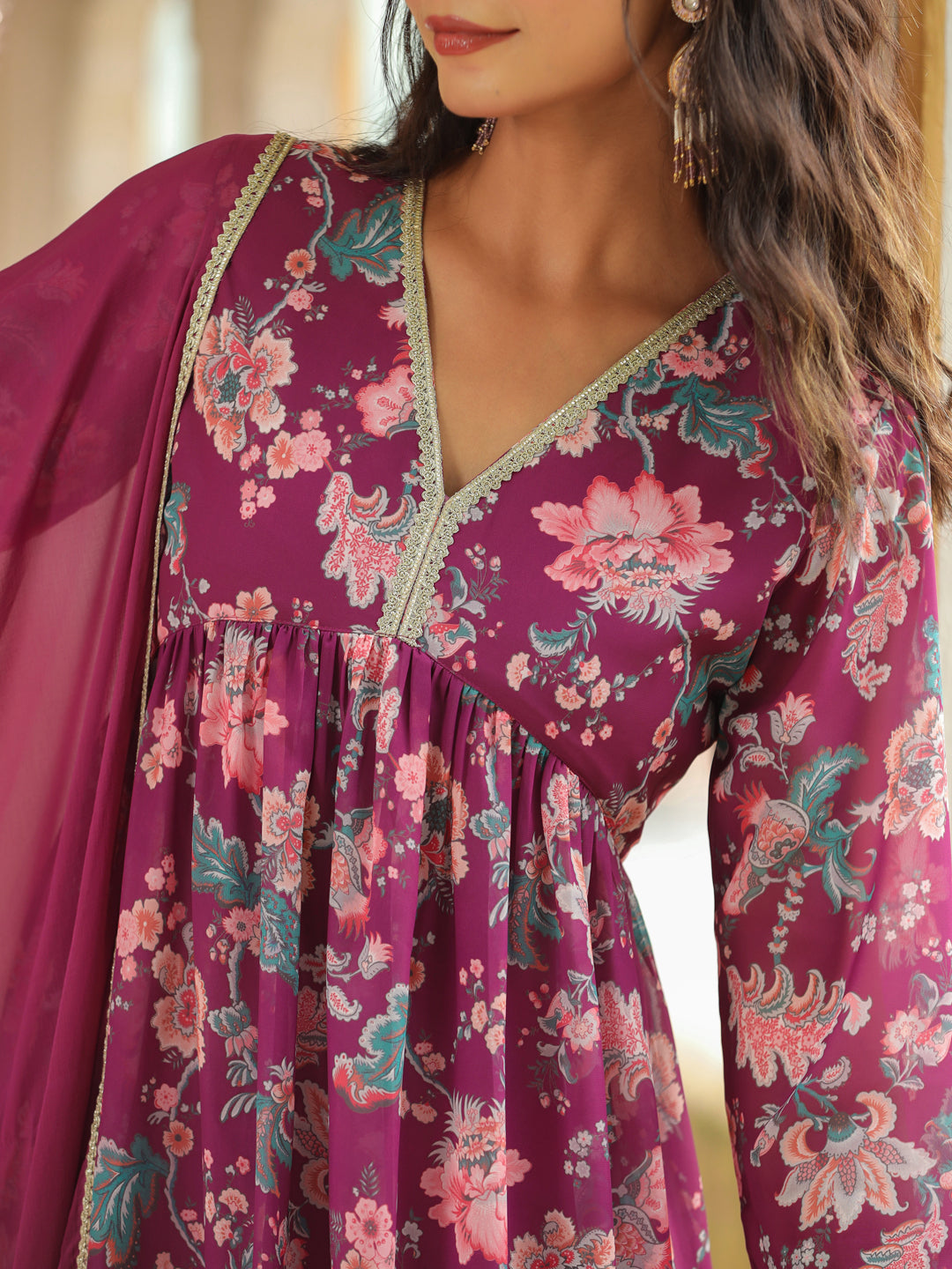 Janasya Purple Weightless Georgette Printed Kurta,Bottom & Dupatta | Grocsy