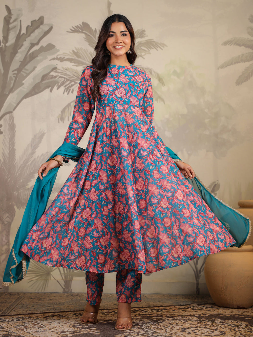 Janasya Teal Weightless Georgette Floral Kurta,Bottom & Dupatta | Grocsy
