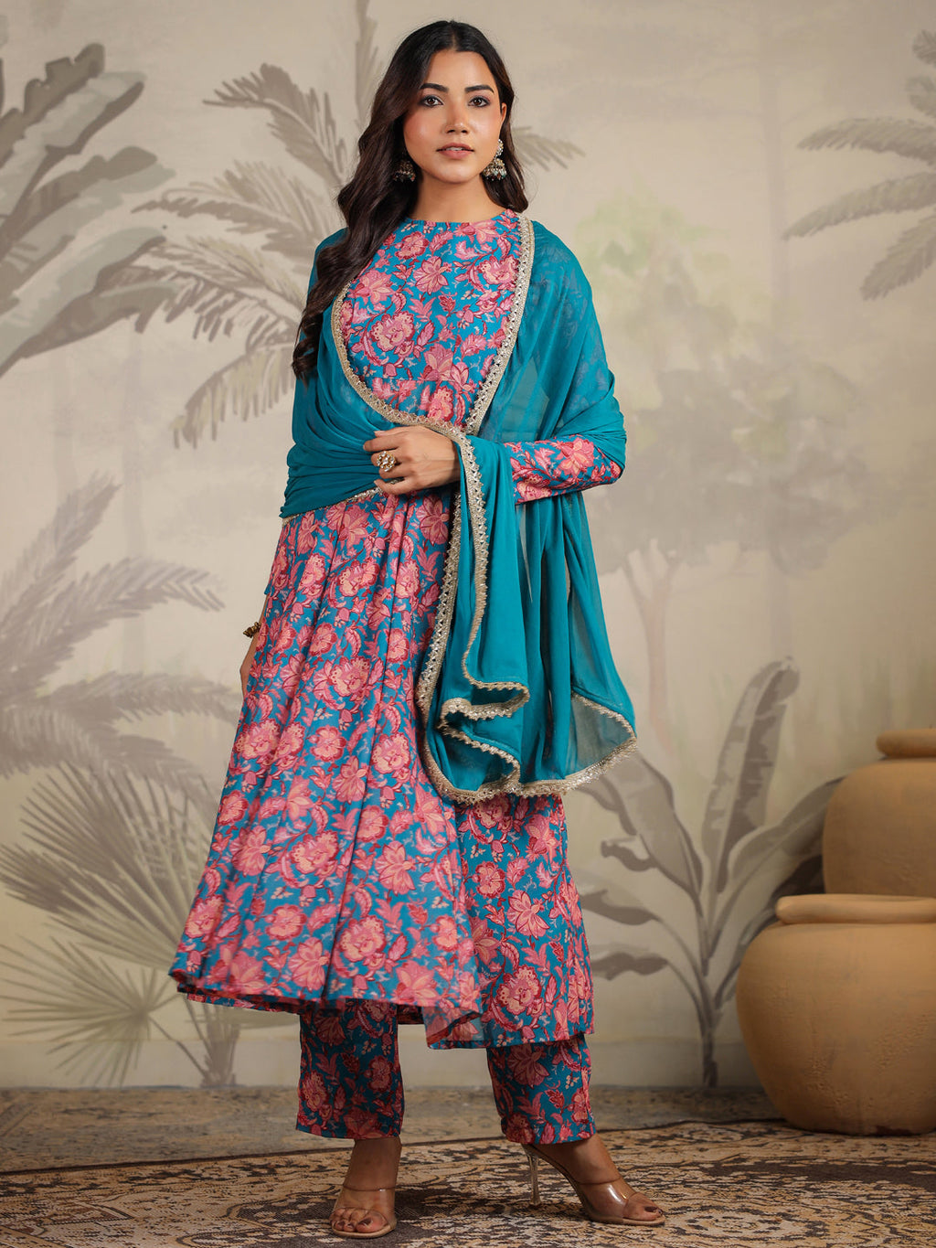 Janasya Teal Weightless Georgette Floral Kurta,Bottom & Dupatta | Grocsy