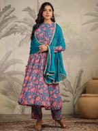 Janasya Teal Weightless Georgette Floral Kurta,Bottom & Dupatta | Grocsy