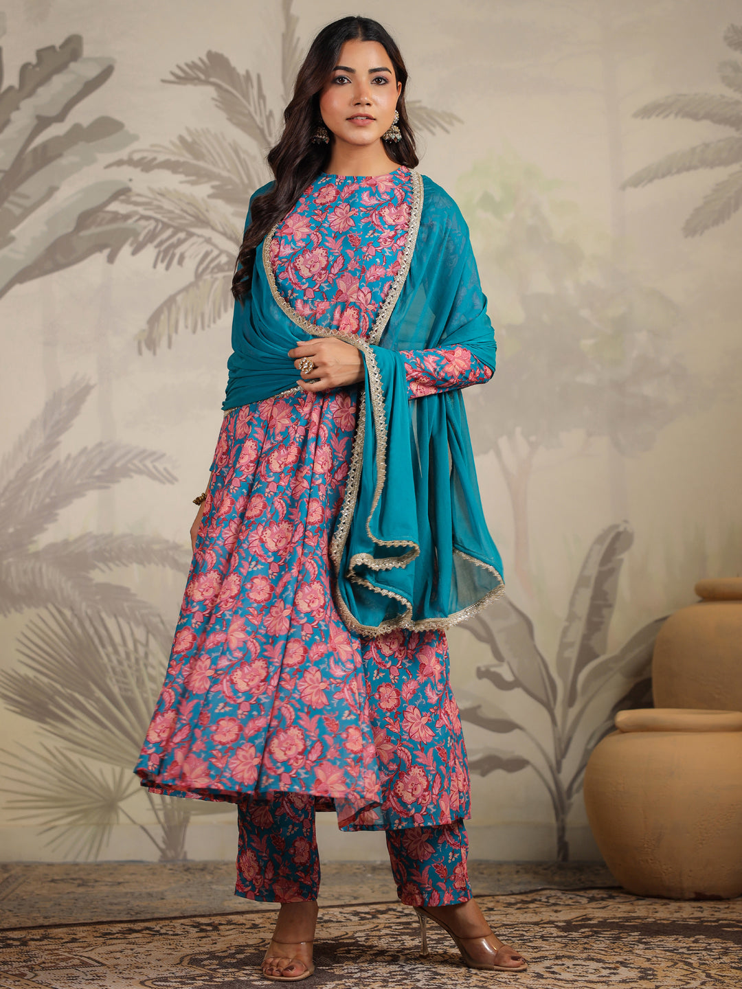 Janasya Teal Weightless Georgette Floral Kurta,Bottom & Dupatta | Grocsy