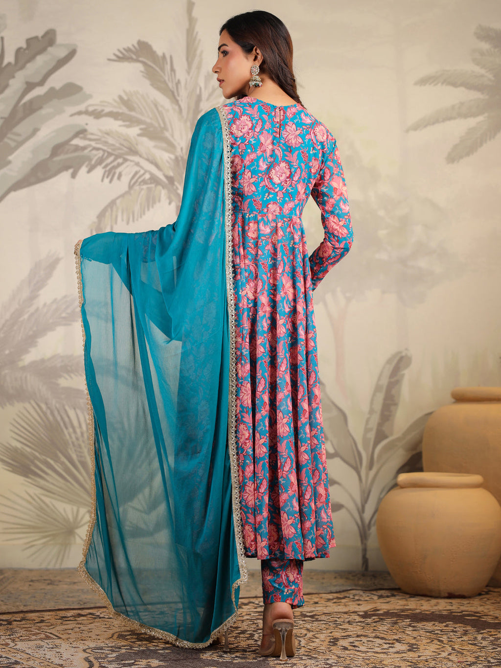 Janasya Teal Weightless Georgette Floral Kurta,Bottom & Dupatta | Grocsy