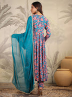 Janasya Teal Weightless Georgette Floral Kurta,Bottom & Dupatta | Grocsy