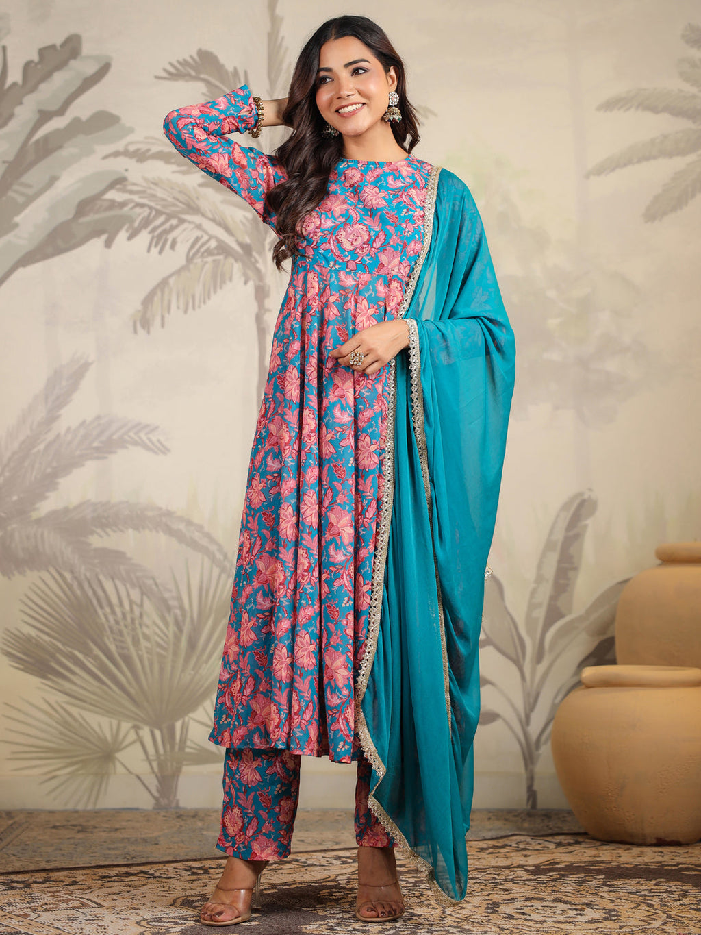 Janasya Teal Weightless Georgette Floral Kurta,Bottom & Dupatta | Grocsy