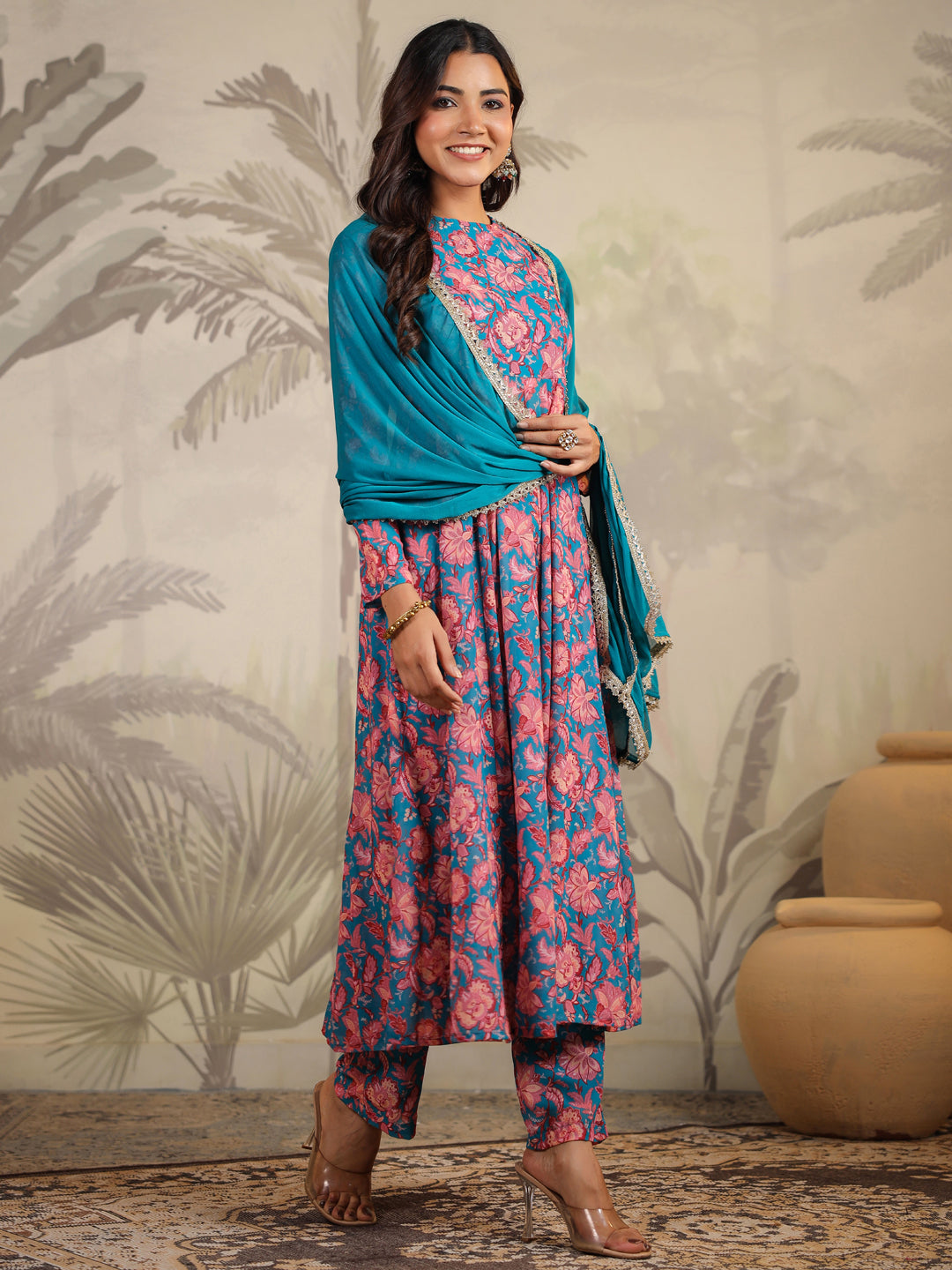 Janasya Teal Weightless Georgette Floral Kurta,Bottom & Dupatta | Grocsy