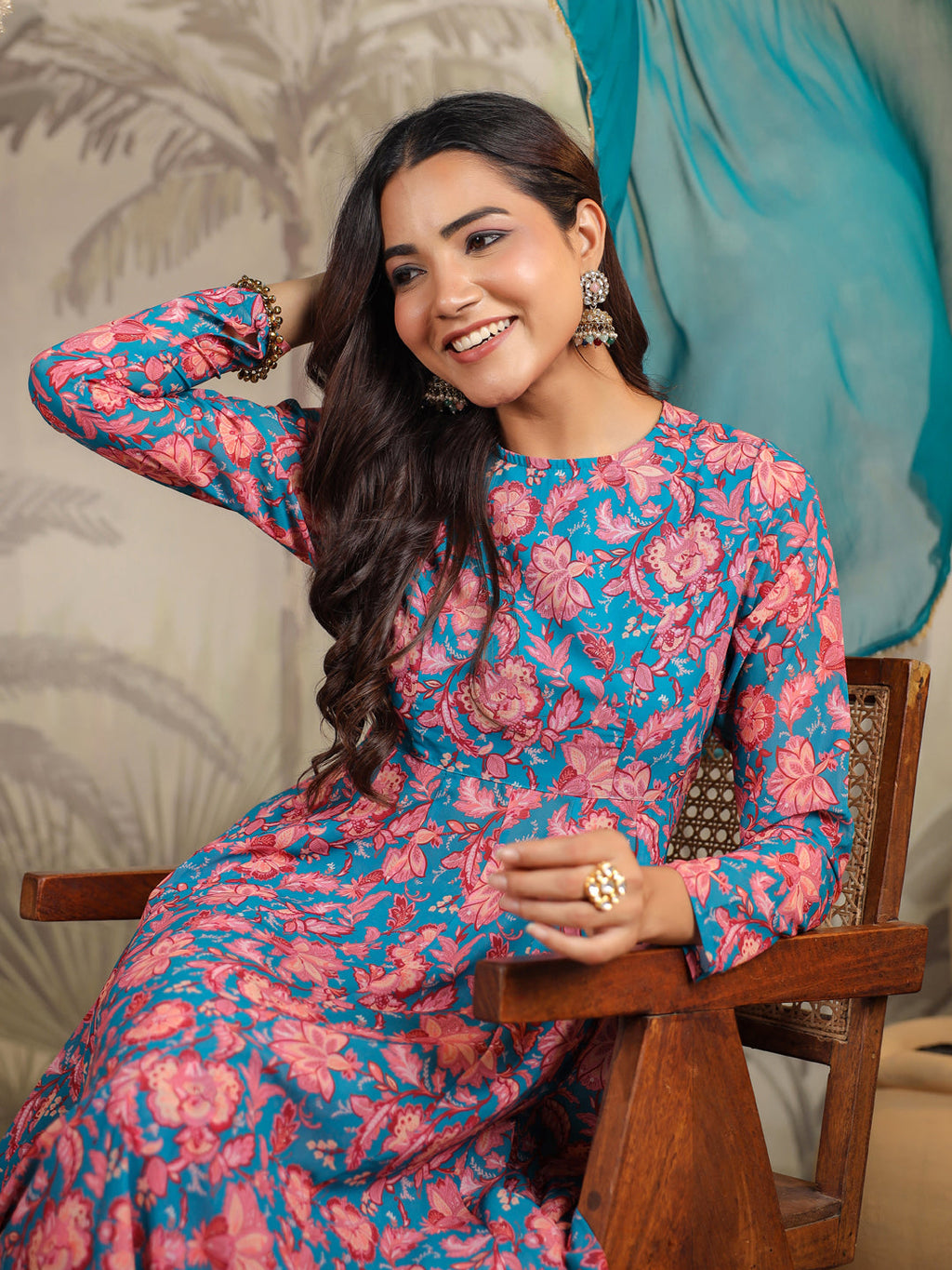 Janasya Teal Weightless Georgette Floral Kurta,Bottom & Dupatta | Grocsy