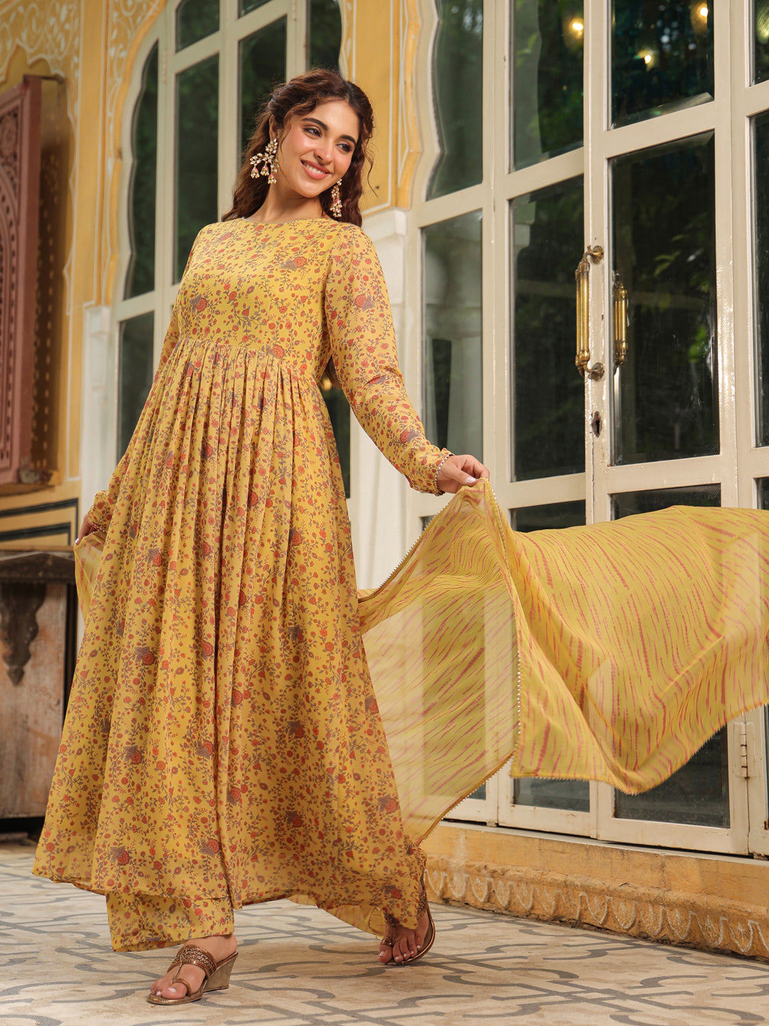 Janasya Mustard Georgette Floral Kurta,Bottom & Dupatta | Grocsy