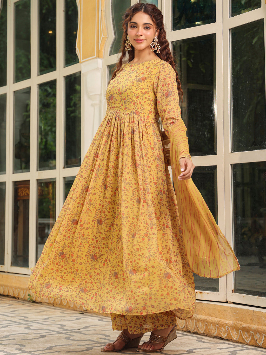 Janasya Mustard Georgette Floral Kurta,Bottom & Dupatta | Grocsy