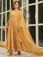 Janasya Mustard Georgette Floral Kurta,Bottom & Dupatta | Grocsy