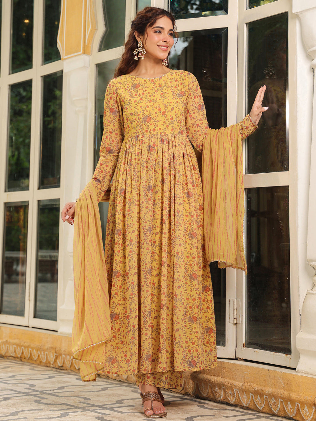 Janasya Mustard Georgette Floral Kurta,Bottom & Dupatta | Grocsy