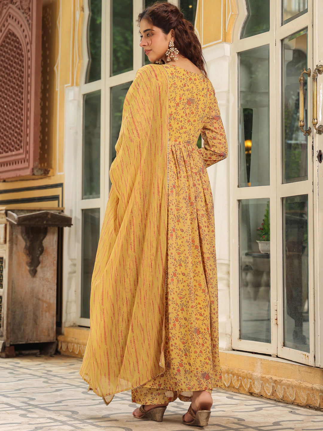 Janasya Mustard Georgette Floral Kurta,Bottom & Dupatta | Grocsy