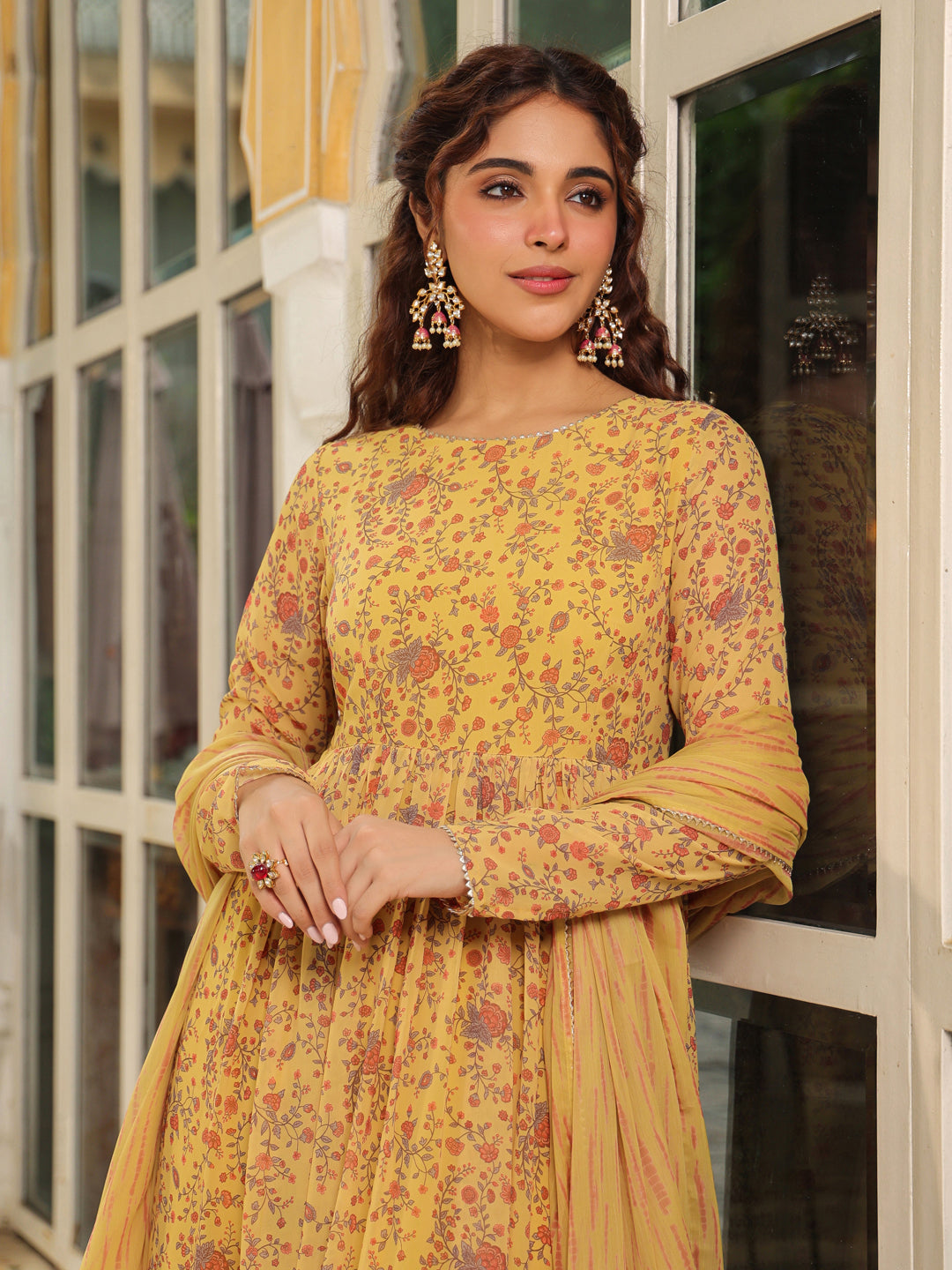 Janasya Mustard Georgette Floral Kurta,Bottom & Dupatta | Grocsy