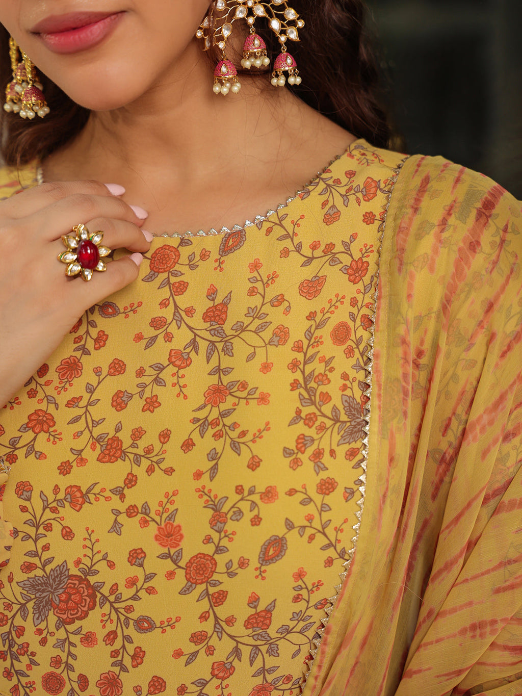 Janasya Mustard Georgette Floral Kurta,Bottom & Dupatta | Grocsy