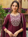 Janasya Dark Chanderi Yoke Embroidery Straight Kurta Set | Grocsy
