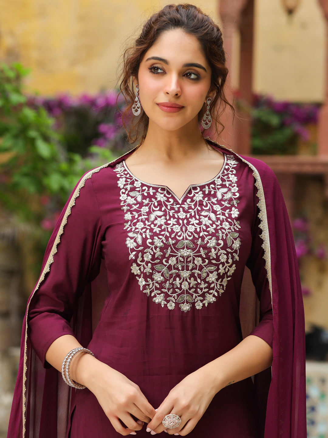 Janasya Dark Chanderi Yoke Embroidery Straight Kurta Set | Grocsy