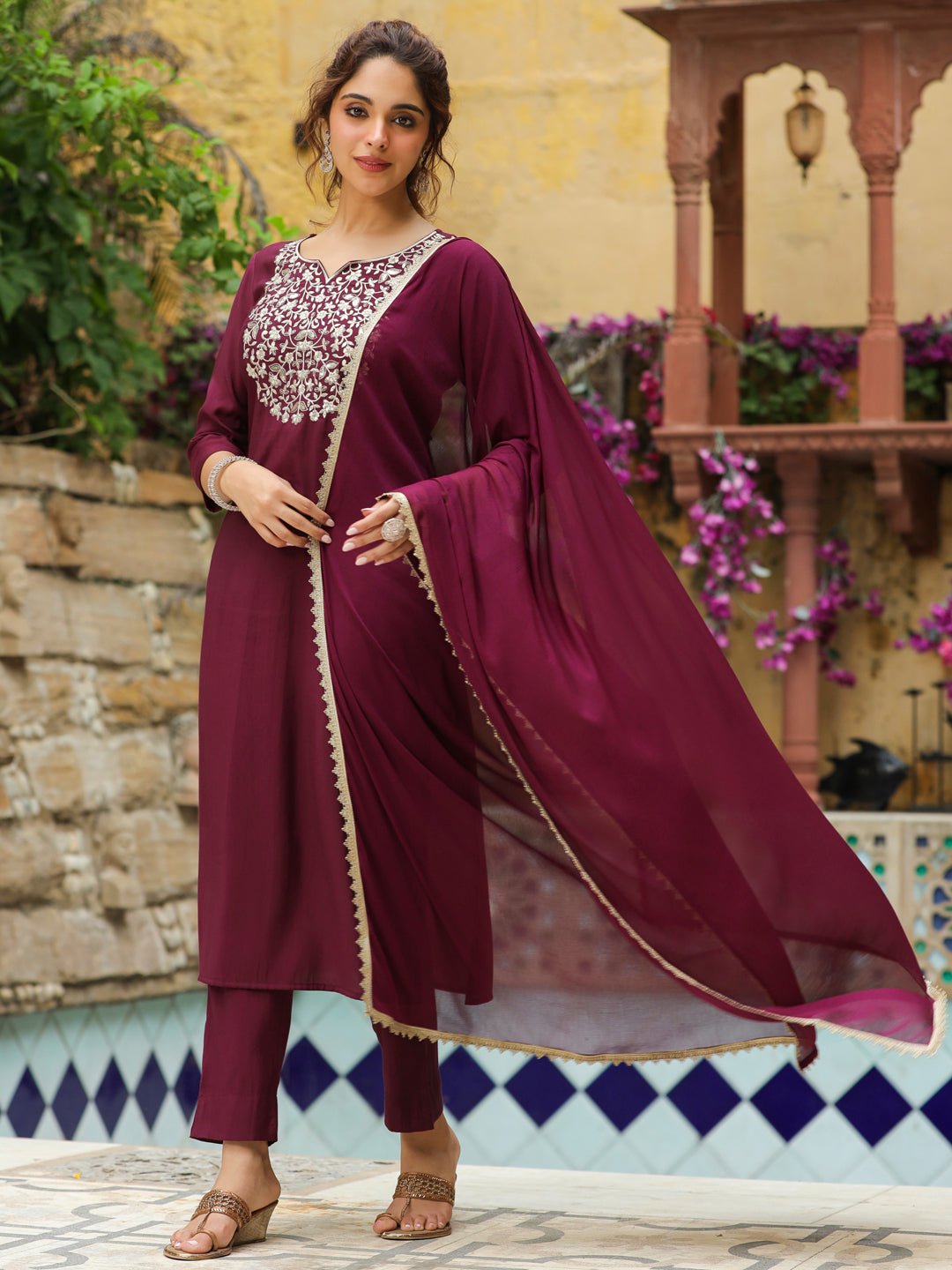 Janasya Dark Chanderi Yoke Embroidery Straight Kurta Set | Grocsy