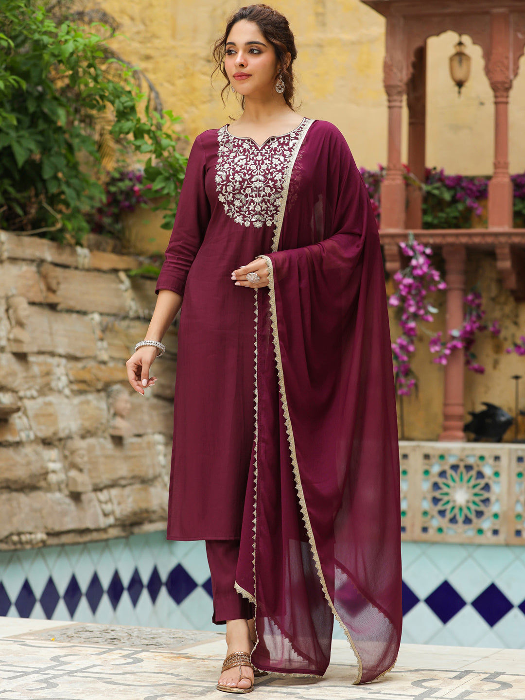 Janasya Dark Chanderi Yoke Embroidery Straight Kurta Set | Grocsy