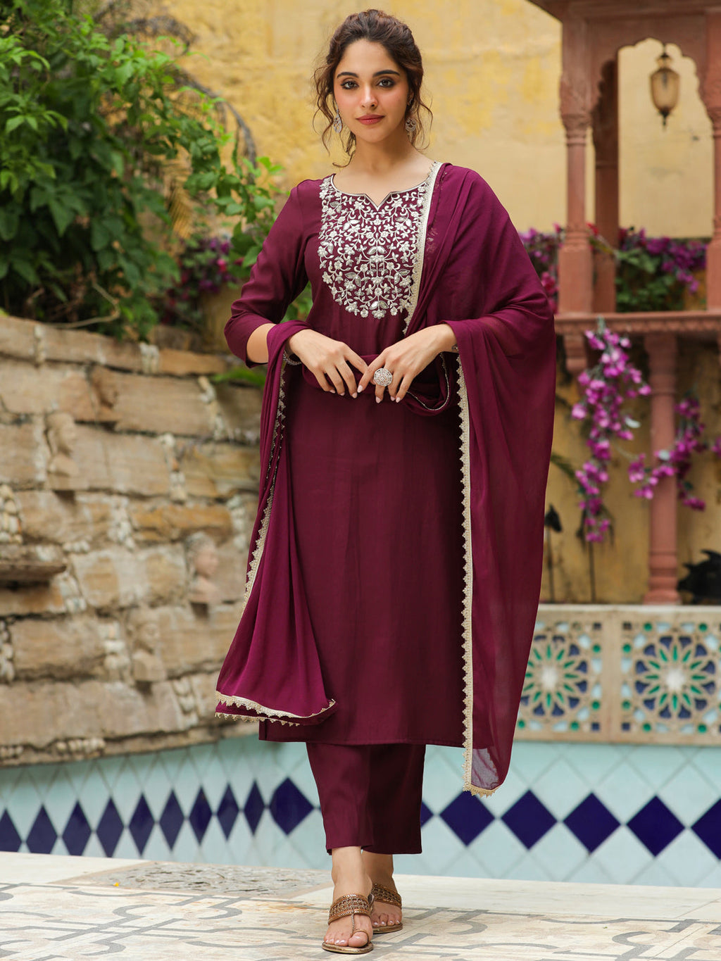 Janasya Dark Chanderi Yoke Embroidery Straight Kurta Set | Grocsy