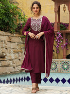 Janasya Dark Chanderi Yoke Embroidery Straight Kurta Set | Grocsy