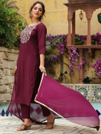 Janasya Dark Chanderi Yoke Embroidery Straight Kurta Set | Grocsy