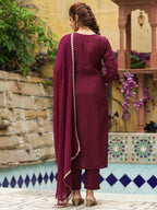 Janasya Dark Chanderi Yoke Embroidery Straight Kurta Set | Grocsy